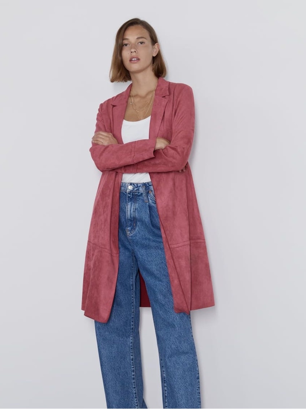 NWOT Zara Dusty Rose Pink Faux Suede Longline Coat Size M